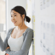 Women with mug leaning against whiteboard
